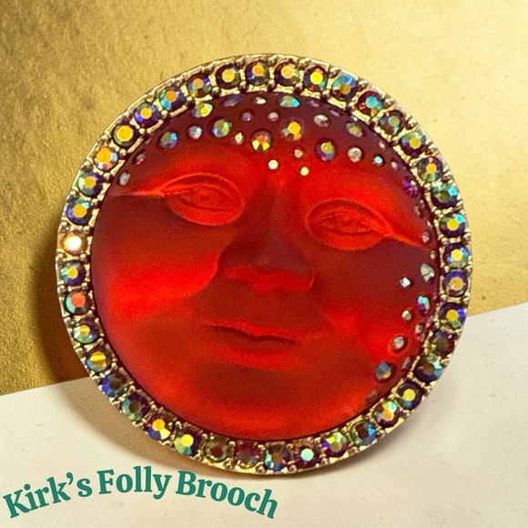 Kirks Folly Jewelry - Kirk's Folly Celestial Moon Face
Brooch Red Lucite Aurora Borealis Rhinestones